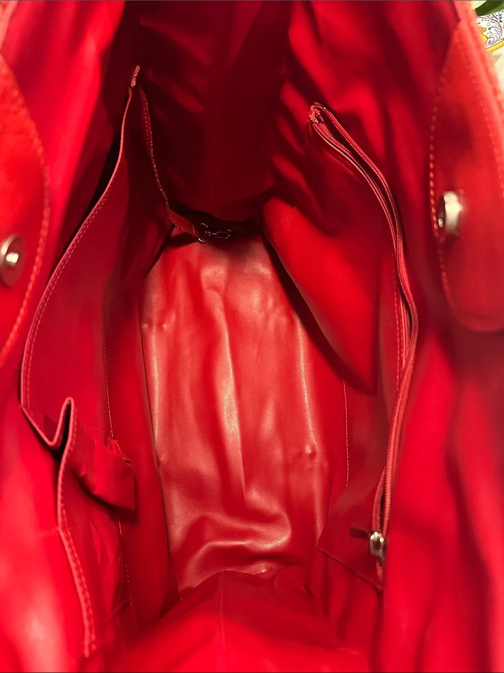 Longchamp Red Leather Tote with Textured Center Panel - Picture 8 of 13